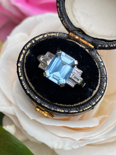 Art Deco Aquamarine and Diamond Platinum Ring 0.25ct + 2.40ct