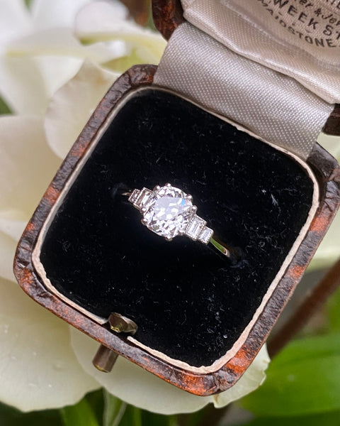 Art Deco Old Cut Diamond Solitaire Engagement Platinum Ring 1.18ct + 0.15ct