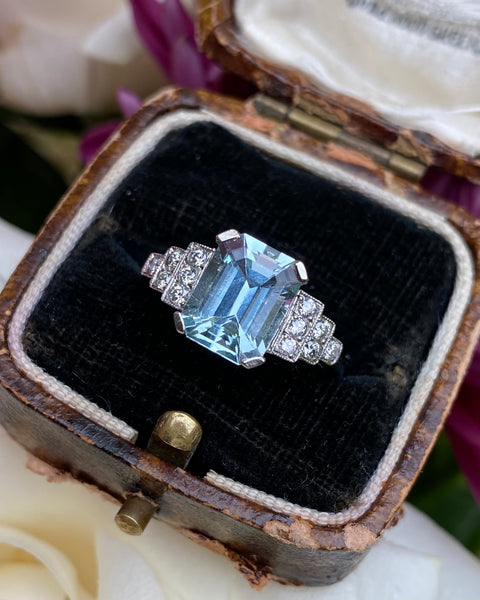 Art Deco Aquamarine and Diamond Ring Platinum 0.25ct + 1.90ct