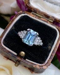 Art Deco Aquamarine and Diamond Ring Platinum 0.30ct + 1.95ct