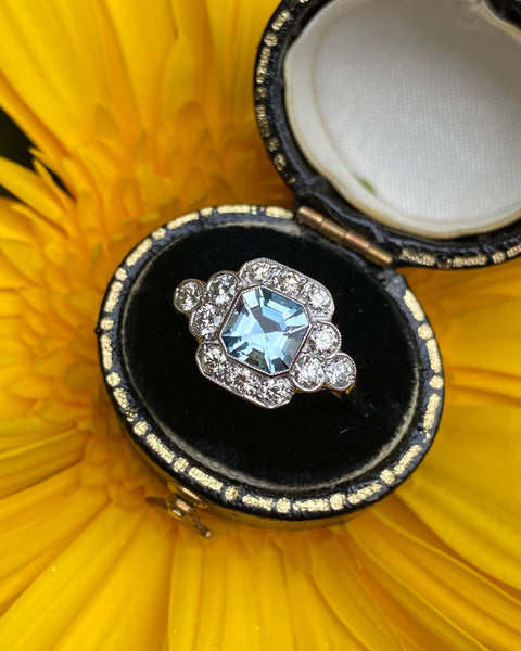 Art Deco Aquamarine & Diamond Platinum Ring 0.55ct + 0.60ct