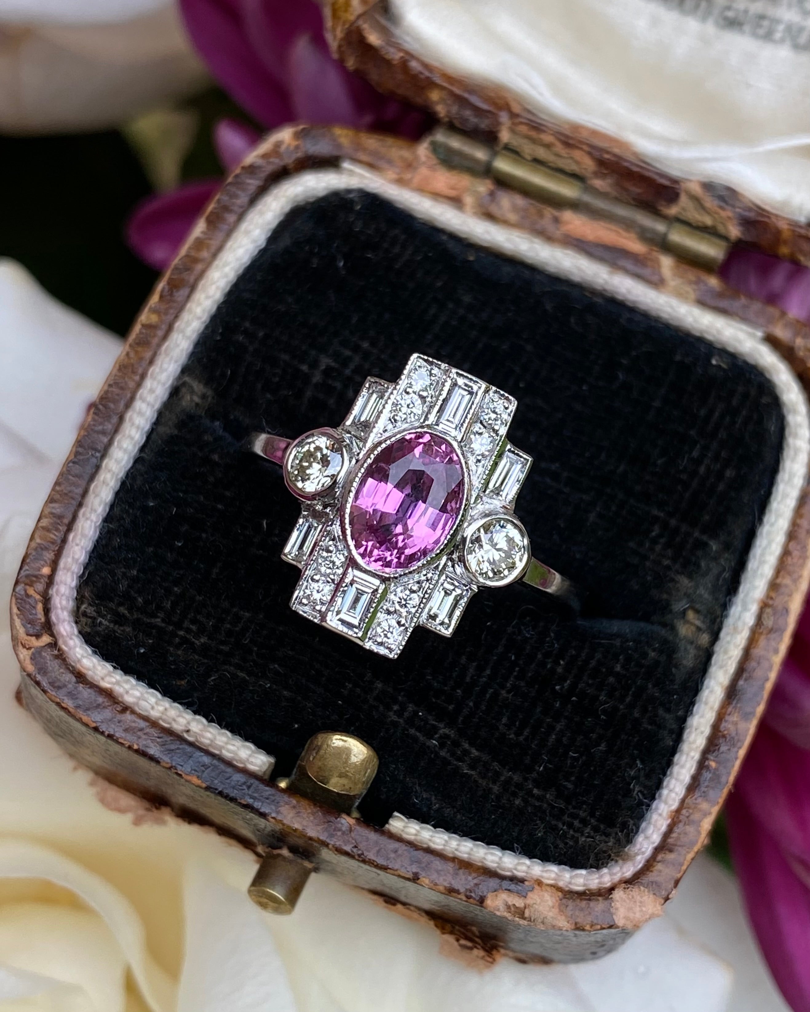 Art Deco Pink Sapphire Diamond Platinum Ring