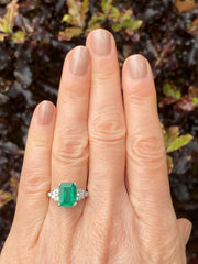 Art Deco Emerald and Diamond Platinum Ring 0.20ct + 2.40ct