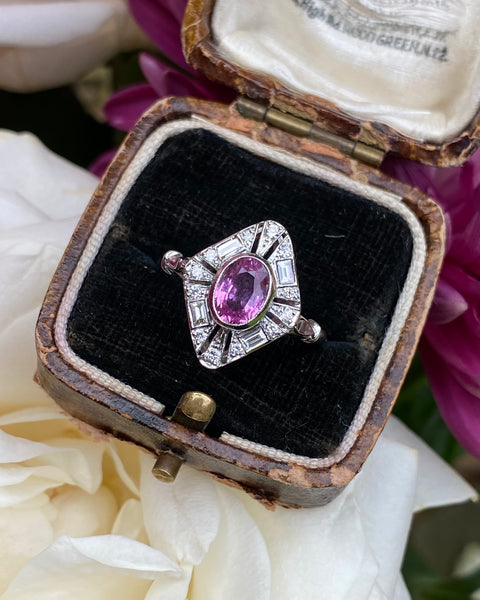 Art Deco Pink Sapphire and Diamond Platinum Ring 0.30ct + 1.0ct