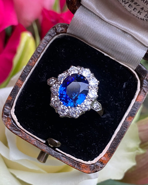 Victorian Style Sapphire and Diamond Cluster Ring 18ct Yellow Gold 1.35ct + 2.80ct