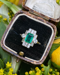 Art Deco Style Emerald & Diamond Platinum Ring 0.55ct + 1.0ct