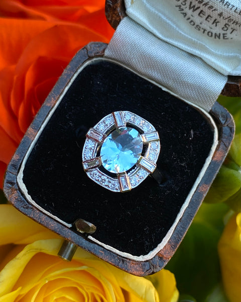 Art Deco Style Aquamarine and Diamond Ring Platinum 0.40ct + 1.50ct