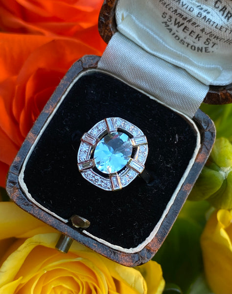 Art Deco Style Aquamarine and Diamond Ring Platinum 0.40ct + 1.50ct