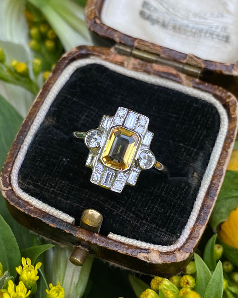 Art Deco Style Yellow Sapphire & Diamond Platinum Ring 0.55ct + 1.10ct