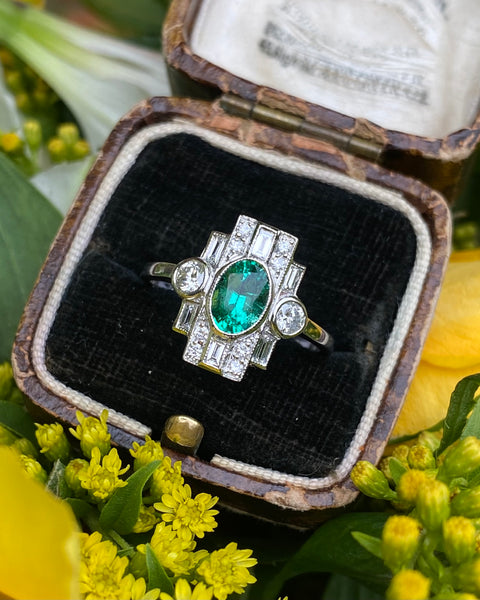 Art Deco Style Emerald & Diamond Platinum Ring 0.60ct + 0.80ct