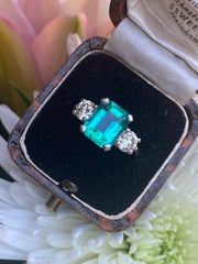 Emerald and Diamond Three Stone Platinum Ring 1.01ct + 2.75ct