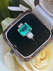 Emerald and Diamond Three Stone Platinum Ring 1.01ct + 2.75ct