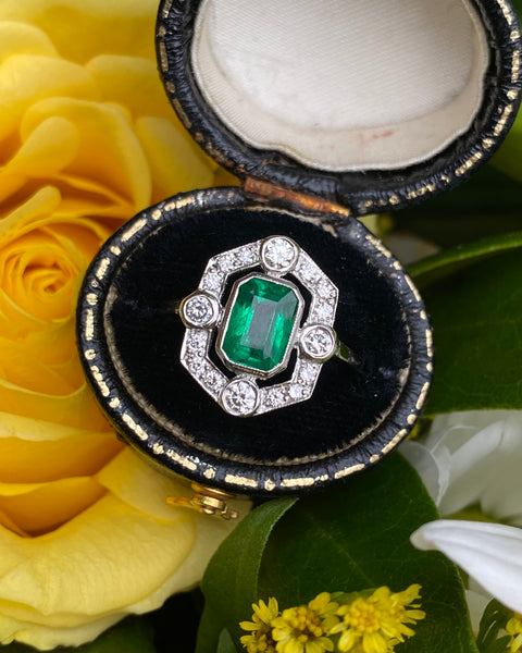 Art Deco Emerald and Diamond Cluster Ring Platinum 0.45ct + 1.10ct