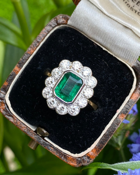 Victorian Emerald and Diamond 18ct Yellow Gold Ring 1.0ct + 1.20ct