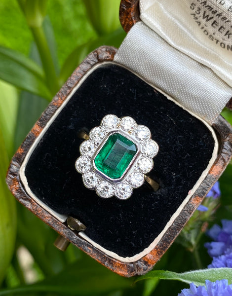 Victorian Emerald and Diamond 18ct Yellow Gold Ring 1.0ct + 1.20ct