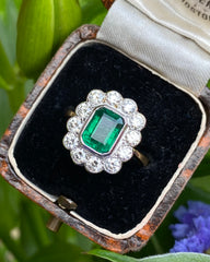 Victorian Emerald and Diamond 18ct Yellow Gold Ring 1.0ct + 1.20ct