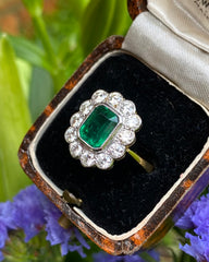 Victorian Emerald and Diamond 18ct Yellow Gold Ring 1.0ct + 1.20ct