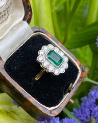 Victorian Emerald and Diamond 18ct Yellow Gold Ring 1.0ct + 1.20ct