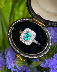 Art Deco Emerald and Diamond Cluster Platinum Ring 0.30ct + 0.50ct