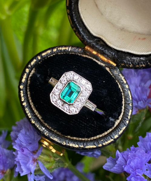 Art Deco Emerald and Diamond Cluster Platinum Ring 0.30ct + 0.50ct
