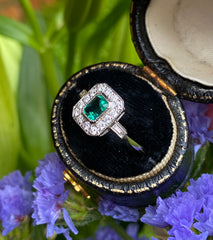 Art Deco Emerald and Diamond Cluster Platinum Ring 0.30ct + 0.50ct