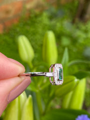 Art Deco Emerald and Diamond Cluster Platinum Ring 0.30ct + 0.50ct