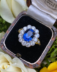 Victorian Sapphire and Diamond Cluster 18ct Yellow Gold Ring 1.35ct + 3.15ct