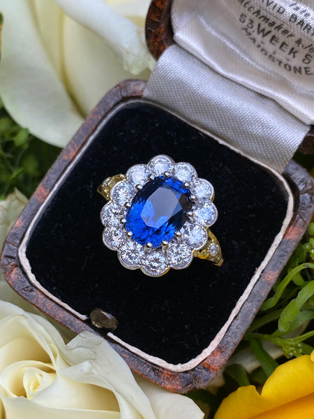 Victorian Sapphire and Diamond Cluster 18ct Yellow Gold Ring 1.35ct + 4.43ct