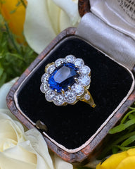 Victorian Sapphire and Diamond Cluster 18ct Yellow Gold Ring 1.35ct + 3.15ct