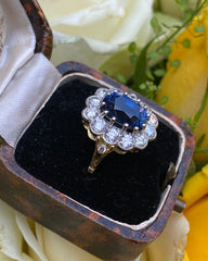 Victorian Sapphire and Diamond Cluster 18ct Yellow Gold Ring 1.35ct + 3.15ct