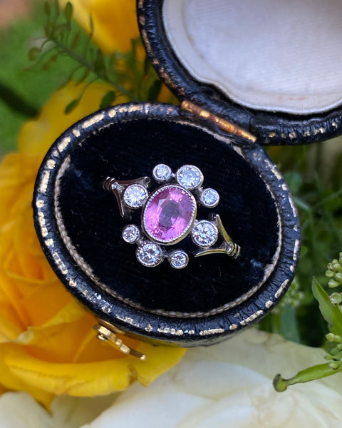 Edwardian Style Pink Sapphire and Diamond Platinum Cluster Ring 0.30ct + 0.80ct