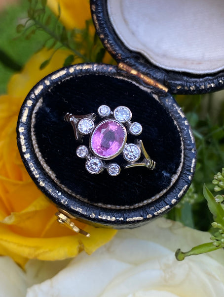 Edwardian Style Pink Sapphire and Diamond Platinum Cluster Ring 0.30ct + 0.80ct