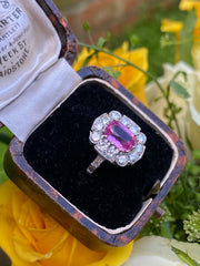 Vintage Pink Sapphire and Diamond Cluster Platinum Ring 0.75ct + 1.52ct