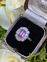 Vintage Pink Sapphire and Diamond Cluster Platinum Ring 0.75ct + 1.52ct