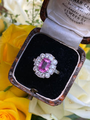 Vintage Pink Sapphire and Diamond Cluster Platinum Ring 0.75ct + 1.52ct