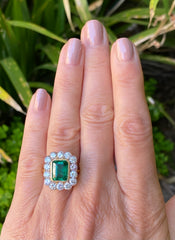 Victorian Style Emerald and Diamond Cluster Ring 18ct Yellow Gold 1.75ct + 3.20ct