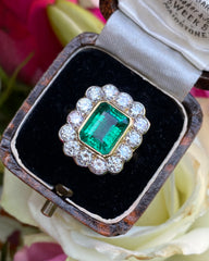 Victorian Style Emerald and Diamond Cluster Ring 18ct Yellow Gold 1.75ct + 3.20ct