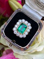 Victorian Style Emerald and Diamond Cluster Ring 18ct Yellow Gold 1.75ct + 3.20ct