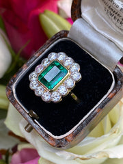 Victorian Style Emerald and Diamond Cluster Ring 18ct Yellow Gold 1.75ct + 3.20ct