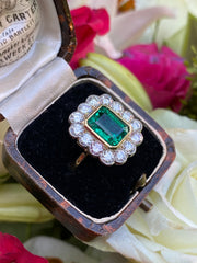 Victorian Style Emerald and Diamond Cluster Ring 18ct Yellow Gold 1.75ct + 3.20ct