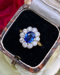 Victorian Sapphire and Diamond Cluster Ring 18ct Yellow Gold 1.05ct + 1.80ct