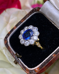 Victorian Sapphire and Diamond Cluster Ring 18ct Yellow Gold 1.05ct + 1.80ct