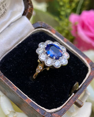 Victorian Sapphire and Diamond Cluster Ring 18ct Yellow Gold 1.05ct + 1.80ct