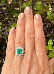 Art Deco Emerald and Diamond Cluster Platinum Ring 0.85ct + 2.05ct