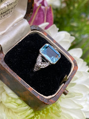 Victorian Aquamarine and Diamond Platinum Ring 0.15ct + 3.0ct