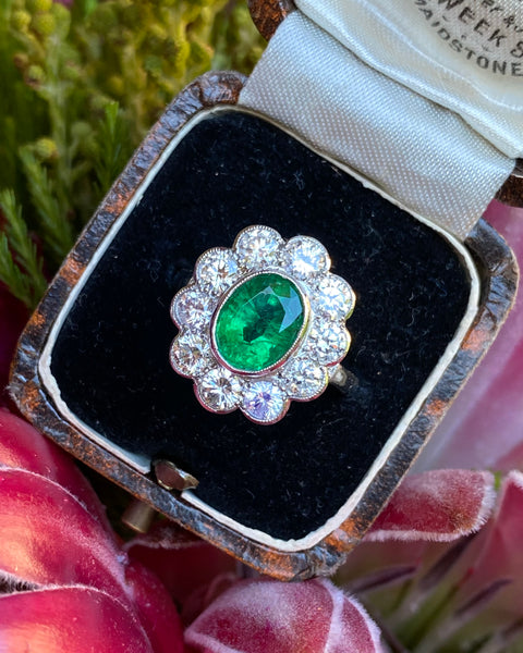 Victorian Emerald and Diamond Platinum Cluster Ring 1.30ct + 2.0ct