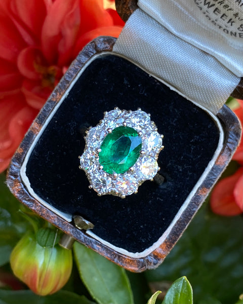 Victorian Style Emerald and Diamond Cluster Ring 18ct Yellow Gold 1.90ct + 2.02ct