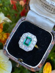 Art Deco Emerald and Diamond Cluster Ring 18ct Yellow Gold 0.80ct + 1.10ct