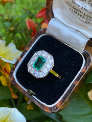 Art Deco Emerald and Diamond Cluster Ring 18ct Yellow Gold 0.80ct + 1.10ct