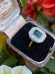 Art Deco Emerald and Diamond Cluster Ring 18ct Yellow Gold 0.80ct + 1.10ct